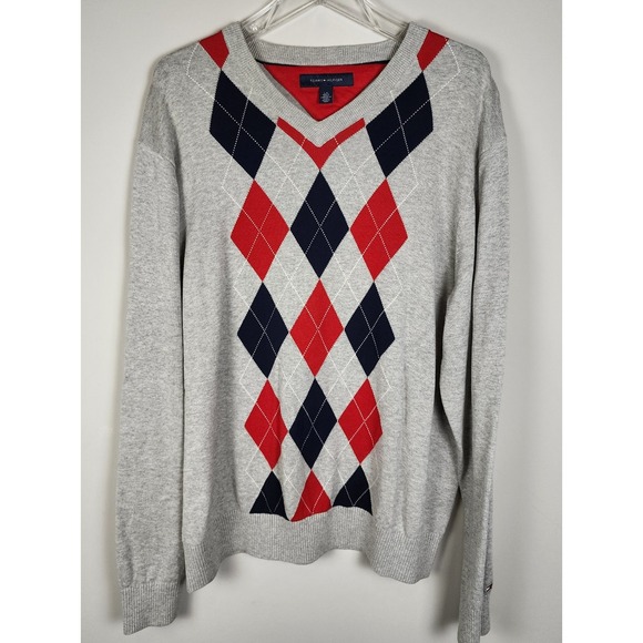 Tommy Hilfiger Other - Tommy Hilfiger Men's V-Neck Argyle Sweater Gray Red Black Size L Acadamia Cotton